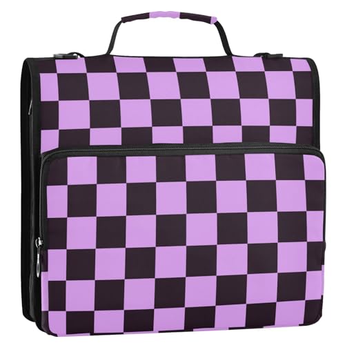 Boccsty Black Purple Checker Zipper Binder 3 Ring Binders Expanding File Folder Multi-Pocket Zipper Binder Organizer for School Shoulder Strap and Handle