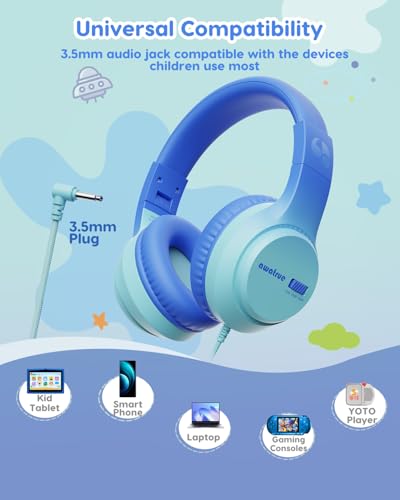 awatrue Kids Headphones, 74/85/94dB Volume Limiter, Foldable Wired Over Ear Headphones for Travel, 3.5mm Jack, Toddler Headphones for School, Chromebook, iPad, Tablet, Blue - color: Blue