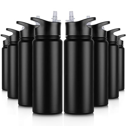24 oz Insulated Water Bottle Bulk 8 Pack, Stainless Steel Sports Water Bottles with Straw Lid & Wide Mouth Lids, Double Walled Vacuum, Leak Proof, Black - color: Black, size: 24 Ounces-8