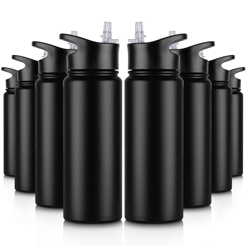 24 oz Insulated Water Bottle Bulk 8 Pack, Stainless Steel Sports Water Bottles with Straw Lid & Wide Mouth Lids, Double Walled Vacuum, Leak Proof, Black - color: Black, size: 24 Ounces-8