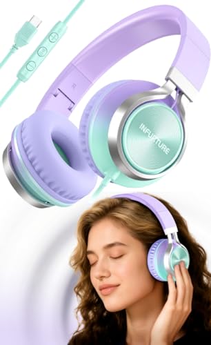 USB C Headphones Wired with Mic & Volume Control, Tangle-Free, Type C Over-Ear Headphones, Lightweight/Foldable Kids Headphones Wired Headphones USB C for iPad/Sports/School/Travel/iPhone 17/16/15 - color: Lavender Purple