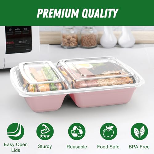 Dealusy 50 Pack (100-Piece) 28 oz Meal Prep Containers Reusable with Lids 2-Compartment, Sturdy Leakproof Food Safe, Microwave Freezer Dishwasher Safe, To Go Take Out Plastic Food Storage, Pink - color: Pink