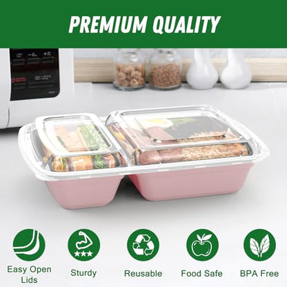 Dealusy 50 Pack (100-Piece) 28 oz Meal Prep Containers Reusable with Lids 2-Compartment, Sturdy Leakproof Food Safe, Microwave Freezer Dishwasher Safe, To Go Take Out Plastic Food Storage, Pink - color: Pink