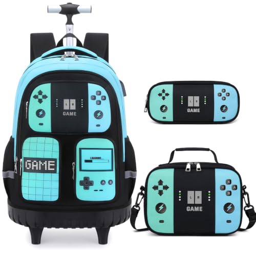 Jafeton Rolling Backpack for Boys, 3 PCS Gamer Boy Backpack Set with Lunch Box & Pencil Pouch, Roller Wheels School bag for Boys Kids Teens, Elementary Middle School, Kids Bookbag Casual Daypack - color: Green