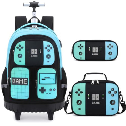 Jafeton Rolling Backpack for Boys, 3 PCS Gamer Boy Backpack Set with Lunch Box & Pencil Pouch, Roller Wheels School bag for Boys Kids Teens, Elementary Middle School, Kids Bookbag Casual Daypack - color: Green