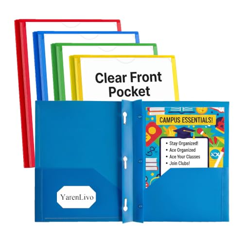 2-Pocket 3-Prong Plastic Folders with Clear Front Pocket, Durable Poly File Folders for Letter Size Paper, Customizable Cover, School Office Organization, 4 Colors, 4 Pack - size: 4 Pack