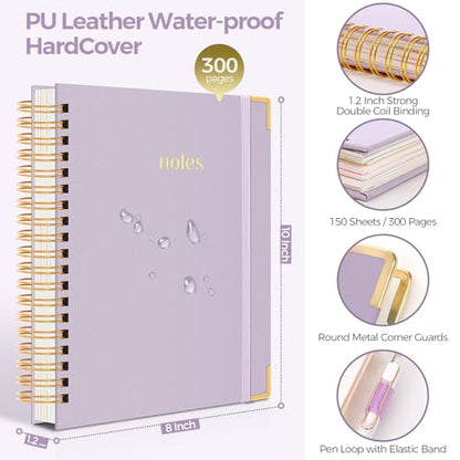 SKYDUE 5 Subject Notebook with Dividers and Tabs, 8" x 10" College Ruled Notebook for Work, 300 Pages Spiral Journal for Women, Purple - color: Purple