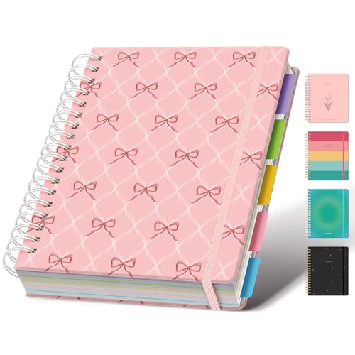 Hardcover Spiral Notebook Journal for Women & Men, Cute 5 Subject Notebook College Ruled for School & Work, Pink Journaling Notebooks with Removable Dividers Tabs, 8" x 10", 300 Pages, Bows - color: Pink Bow