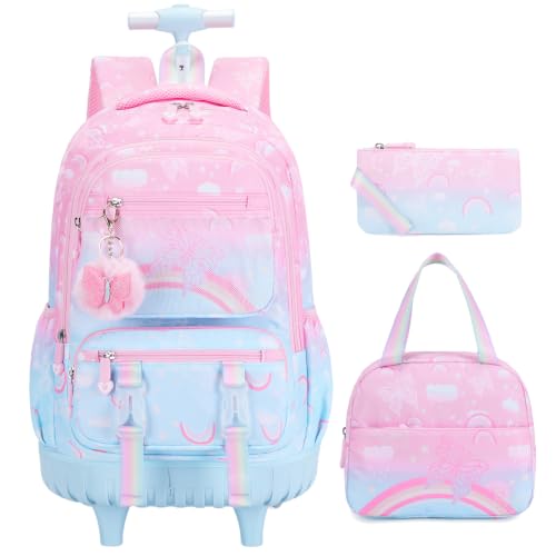 Scothen Rolling Backpack for Girls, 3PCS Roller School Backpacks for Girls with Lunch Bag and Pencil Pouch, Kids Bookbag Schoolbag with Wheels for Teen Girl Kindergarten Elementary Middle School - color: Pink Blue