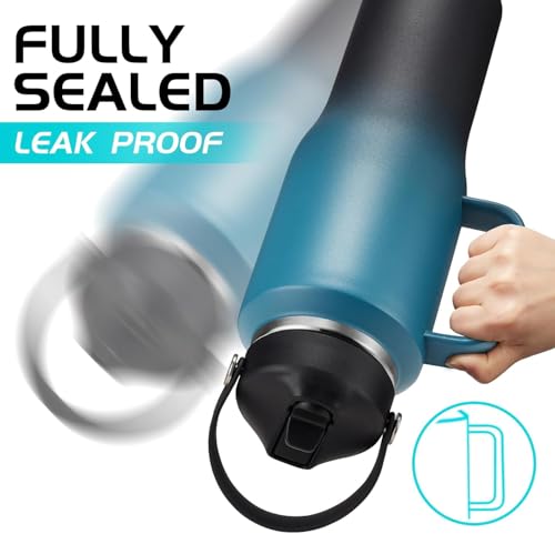 Insulated Water Bottle 32 OZ - with Straw & Pop-up Spout Lid, Keep Cold-48H Hot-12H, Stainless-Steel with handle for Women Men, Metal Flask Water Bottle Fits in Cup Holder - color: Black&Grey with handle, size: 32 Ounces