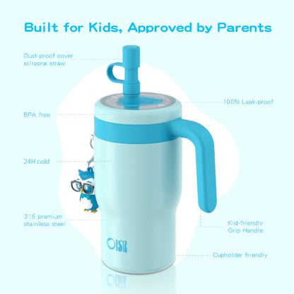 OISIZ 14oz Kids Tumbler with Straw Lid & Handle,Kids Cup with Animal Accessory for School,Kids Water Bottles with Dust-proof Cover,Leakproof Bottles,316 Stainless Steel,Keep Cold 24 Hours-sky blue - color: clear sky blue
