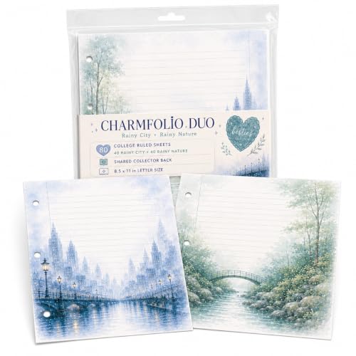 Charmfolio Duo Rainy City & Rainy Nature Binder Paper, 80 College Ruled Sheets, 8.5 x 11 3 Hole Punched Loose Leaf Stationery, Back to School Basics, Backpack Essentials for Besties