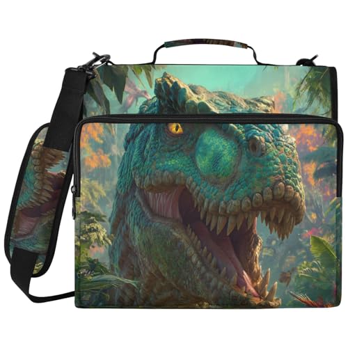 Jungle Dinosaur 3 Ring Zipper Binder Bag with Laptop Pockets and Shoulder Strap Tote Binders Organizer Case for School Office - color: Dinosaur