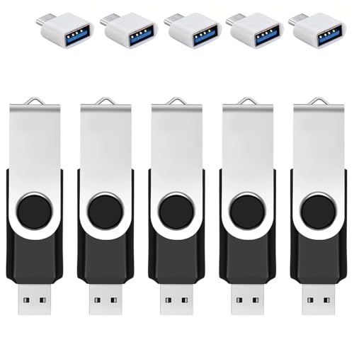 5 Pack 128GB USB Flash Drive with Type C Adapter and Storage Box USB 2.0 High Speed Metal Pen Drive 360° Rotatable Storage Memory Stick for Phone/Pad/PC/Laptop/Android - Black(5-Pack 128GB) - color: 5-Pack 128GB