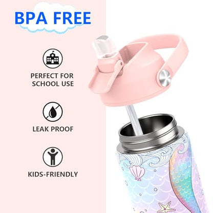 Girls Water Bottle with Straw,18 oz Kids Insulated Cups with Stainless Steel Leak Proof for School,Sport&Travel（Mermaid） - color: A19.Mermaid