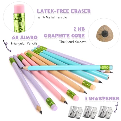 Fainne 48 Pcs Fat Pencils Jumbo Big Thick Large Pencils and 3 Pieces Sharpeners for Kids Beginners Preschoolers Kindergarten School Office Supplies(Pastel Color,Triangle) - color: Pastel Color, style: Triangle