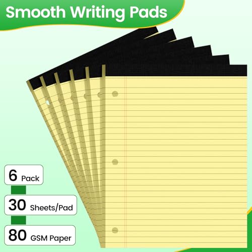 3 Hole Legal Pad 8.5 x 11, 6 Pack Yellow Note Pads, Notebook Paper Wide Ruled, Writing Paper Pads, Notepads with Binder Holes, Lined Paper 8.5x11, Ideal for School, Home, Office, 30 Sheets/Pack - style: 6 Pack-30 Sheets/Pad-Yellow