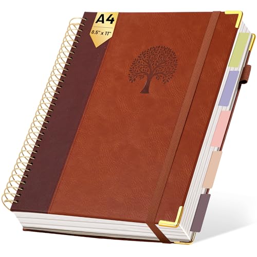 Yoment Hardcover Spiral Notebook 8.5" x 11" Leather 5 Subject Notebook College Ruled with Dividers Tabs 300 Pages Large Spiral Journal Notebooks for Work School Note-Taking Business, Brown - color: Brown