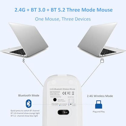 SUNGI Bluetooth Wireless Mouse Dual Mode(Bluetooth5.2+USB),Silent Rechargeable mice with USB-C to USB Adapter for MacBook,Laptop,Tablet,iPad,PC(White)