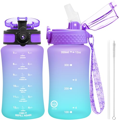 OLDLEY Kids Water Bottle for School, 12 oz (2 lids) BPA-Free Reusable Leak-proof Durable Tritan Plastic Water Bottles with Straw & Chug Lids, Anti-dust Spout Cover (Macaroon) - color: Macaroon, size: 12 Ounces