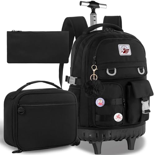 CCJPX Rolling Backpack for Girls Women, 21 inch Roller Wheels School Bookbag, Wheeled Suitcase Backpacks with Lunch Bag for Teen - Black - color: Black