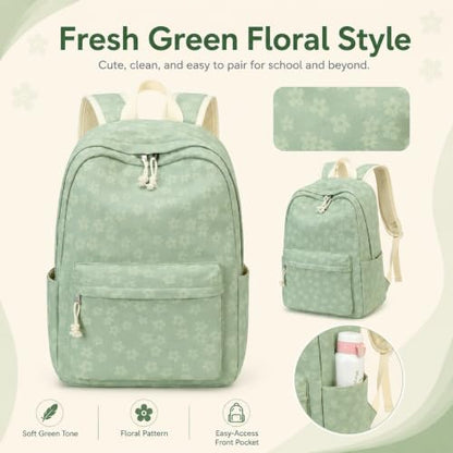 BTOOP School Backpack for Teens Large Cute Bookbag Lightweight 15.6 inch Laptop Bag for Girls Women Casual High School College - color: Green Floral