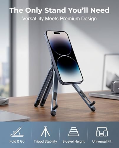 4-in-1 Foldable Laptop Stand, Magnetic Phone Holder & Multi-Angle Tablet Riser, 8-Level Ergonomic Height Adjustable Aluminum Travel Stand Compatible with MacBook, iPad, iPhone, Gunmetal Grey