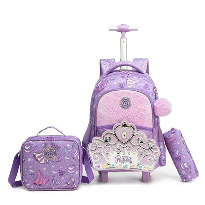 Rolling Backpack for Girls Rolling Bag Kids Rolling Suitcase with Lunch Box Pencil Case for Elementary Student Travel Luggage Girls - color: zihuangguan
