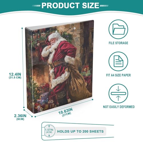 Funny Christmas Santa Claus Binder 3 Ring 1.5 Inch Binder with Clipboard&Pockets, Hardcover Binders Heavy Duty Large File Folder for Office School Supplies - Holds 200 Sheets - color: Christmas Santa Claus, size: 1 Pack-12.4x10.63in