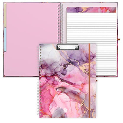 Rimilak Spiral Clipboard Folio with Refillable Lined Notepad, 14.5 x 9.8 in, Hardcover Cover with 5 Interior Pockets, Elastic Band and Pen Loop Series. Cute Stylish Clipfolio, Pink Gold Marble - color: Pink Flow Marble