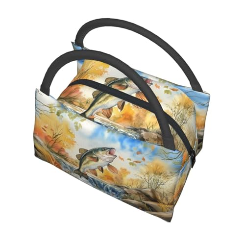 Bass Fishing Scene Lunch Box for Women Girls Adults Insulated Jumping Fish and Flowing Stream Lunch Bag for Work Picnic Camping Travel Gifts Large Capacity Cooler Thermal Reusable Tote Makeup Bags - color: Fishing50