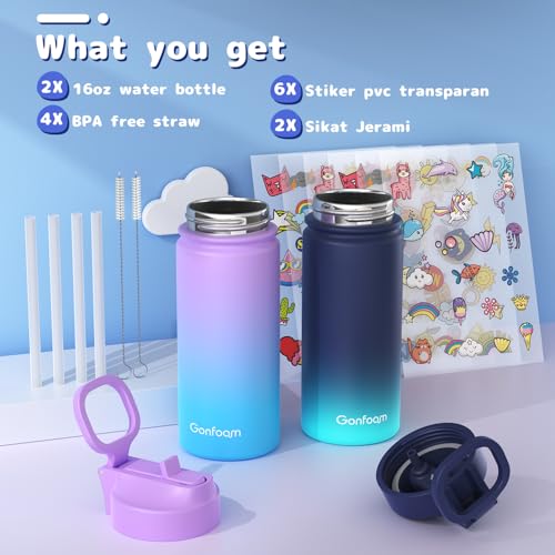 Gonfoam 16oz Kids Stainless Steel Insulated Water Bottle, 2 Pack | DIY Stickers, BPA-free, Leak-proof, Sturdy, Keeps Cold 24h, Easy to Carry, Easy to Clean, Back to School, Gifts - color: Blue/Purple, size: 16 Ounces
