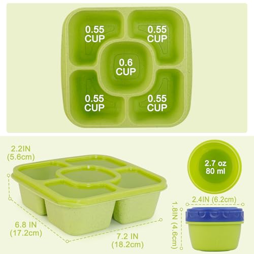 Original Lunchable Snack Containers - 5 Compartments Bento Snack Boxes with 1 Leakproof Small Containers, Wheat Straw, BPA-Free, Set of 2 (Navy+Light Green) - color: Navy+Light Green