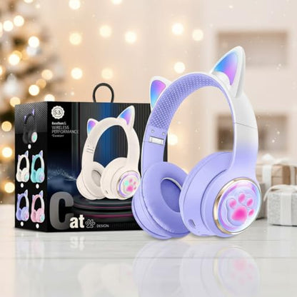 Cat Ear Bluetooth Kids Headphones, LED Lights, Safe Volume, Foldable | Safe 85dB volume limit, Bluetooth 5.0, LED cat ears, built-in mic, TF card slot, foldable & adjustable for ages 3-12 - color: 1