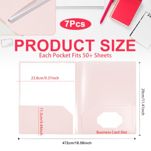 Plastic File Folders with 2 Pockets, Pink Folders with Pockets 7 Pack, File Folders Letter Size 8.5x11 inches Folder with Business Card Slot for Home Office School Business - color: Pink