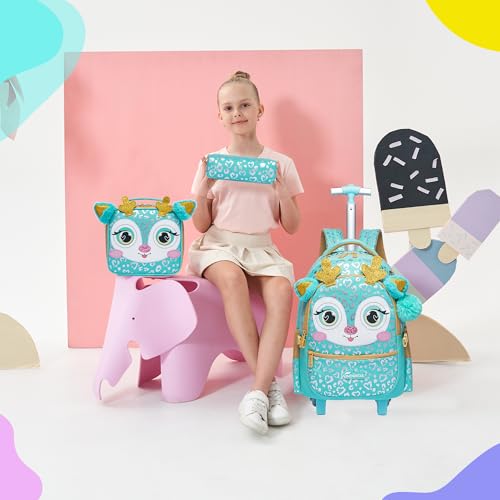 Meetbelify Girls Rolling Backpack with Wheels for Elementary Preschool Students Kids 3 in 1 Travel Luggage Carry on Suitcase with Lunch Box Pencil Case for Girls Age 8-10 - color: Deer