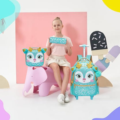 Meetbelify Girls Rolling Backpack with Wheels for Elementary Preschool Students Kids 3 in 1 Travel Luggage Carry on Suitcase with Lunch Box Pencil Case for Girls Age 8-10 - color: Deer
