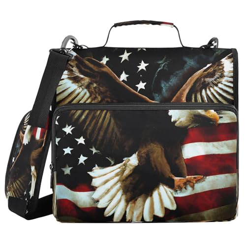 3 Ring Zipper Binder Patriotic American Theme Trapper Keeper Binder Organizer Portfolio with File and Shoulder Strap & Handle Large Capacity File Folder - color: Patriotic American Theme