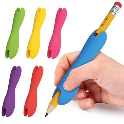 ELETIUO Pencil Grips for Kids and Adults,6-Pack Silicone Holders for Handwriting,Drawing,and Coloring,Ergonomic Dual-Head Design for Right or Left-Handed Use,Improves Grip Control,Assorted Colors - color: Multicolor