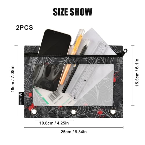 ZAZYXTJ Goth Spider Web Binder Pencil Pouchs 3 Ring | with Zipper Clear Window Office Organizers bag for School Students Teacher Supplies 2 Pack - color: Spider Web