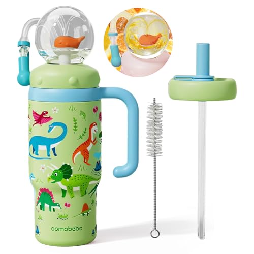 Como bebe 24oz 316 Stainless Steel Whale Fountain Sippy Cup, Insulated Whale Squirt Tumbler with Handle, Leak Proof Straw Cup with 2 Types Lids, Fits Car Cup Holder for Kids Teens Adults (dinosaur) - color: Green dinosaur