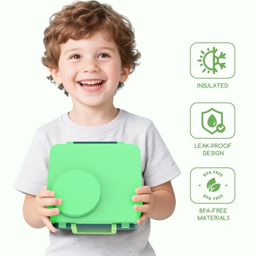Bento Box for Kids - Leak-Proof Bento Lunch Box with Insulated Thermo Food Jar - 4 Compartments, 1 Removable Divider, 1 Spoon, 1 Fork - Dishwasher Safe, BPA-Free (Green) - color: Green