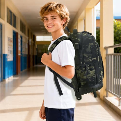 DIGOBAY Rolling Backpack for Boys, Cool Boys Backpack with Wheels, Kids Wheeled backpacks Set with Lunch Bag Pencil Case for Teen Boy, Roller School Bag with Wheels for Elementary Middle School - color: Black and Green Camo