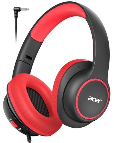 Acer Kids Headphones Wired for School - Over Ear Design, 85/94dB Safe Volume Limit, 3.5mm Jack Foldable Headphones for Toddler Boys Girls Classroom Yoto Player Chromebook Travel Black Red - color: Black Red