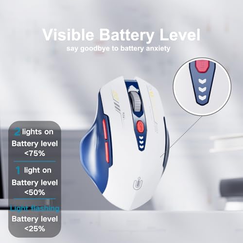 Uineer Bluetooth Mouse - Multi-Device Wireless, Rechargeable Ergonomic Mouse with Visible Battery Level, Tri-Mode (BT 5.0/4.0+2.4G Hz), 4 Adjustable DPI, Coldless for Laptop and PC (Blue White) - color: Blue White