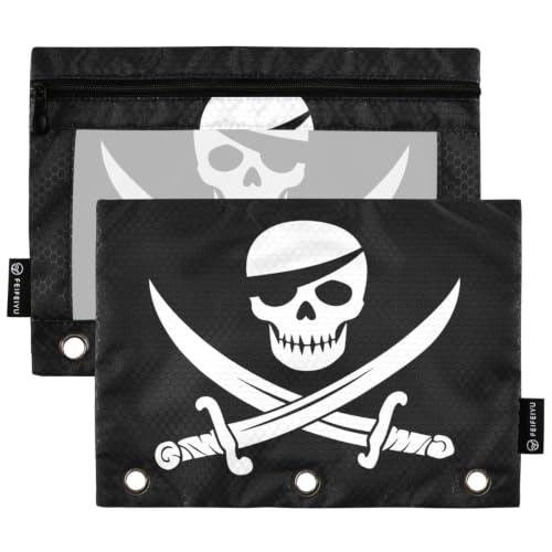 Gredecor 3 Ring Binder Pencil Pouch, Jolly Roger Pirate Flag Zippered Pen Case Pouches with Clear Window, 2 Pack Stylish Office & School Supplie - color: Jolly Roger Pirate Flag