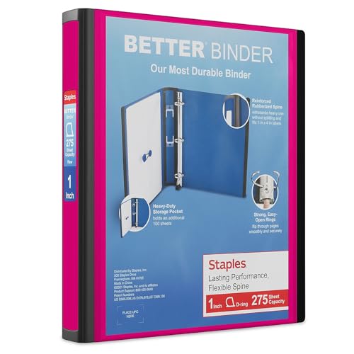 Staples Better View 1-Inch D-Ring Binder, Pink – Durable 3-Ring Binder with Clear Overlay for School & Office - color: Pink, size: 1-Inch, style: 1 Pack
