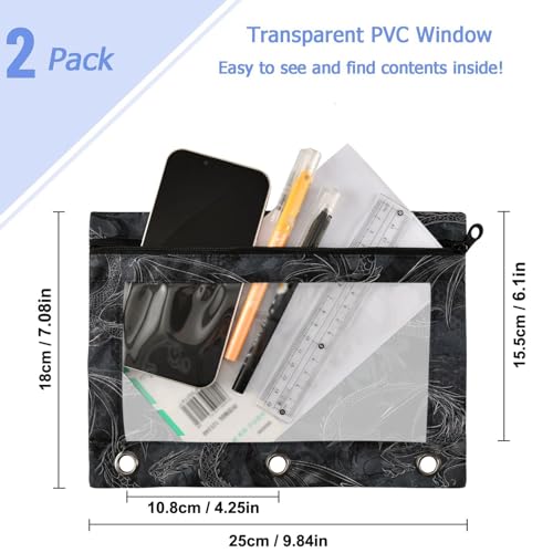 Studying 2 Pack Fashion Black Dragons Wyverns Art Pattern 3 Ring Binder Pencil Pouch Bags,Clear Window Zipper Storage Case for Boys Girls School Office Supplies Cosmetics Organizers - color: Multi-black Dragon