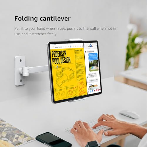 BEWISER Adjustable Tablet Wall Mount Holder, Swivel 360 Rotating, Compatible with 4.7-12.9 inch Devices, High-Grade Aluminium Alloy, White - color: White