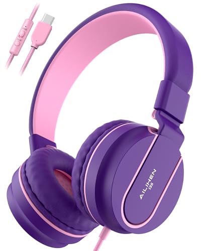 AILIHEN USB C Headphones for Kids with Microphone, 85dB/94dB Volume Limited Over Ear Wired Headphones, Foldable Adjustable Headband for School, Chromebook, Tablet, iPad